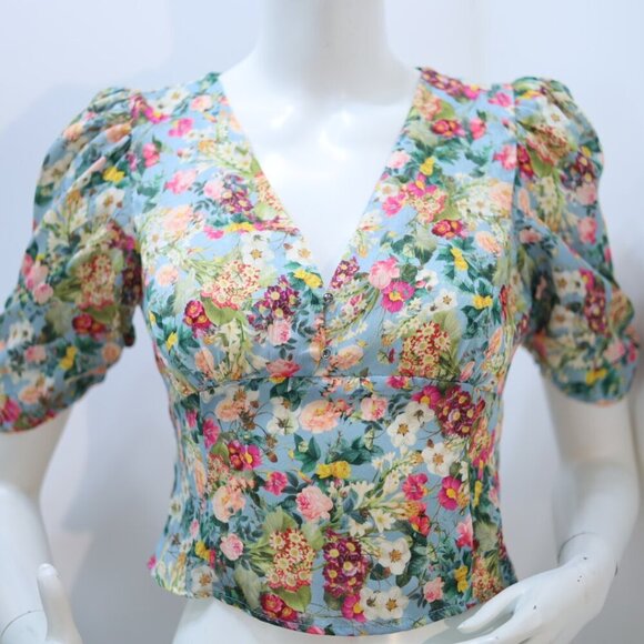 ZARA Printed Floral Short Puff Sleeve Satin Crop Blouse Women’s Size S NWT. - Picture 2 of 6